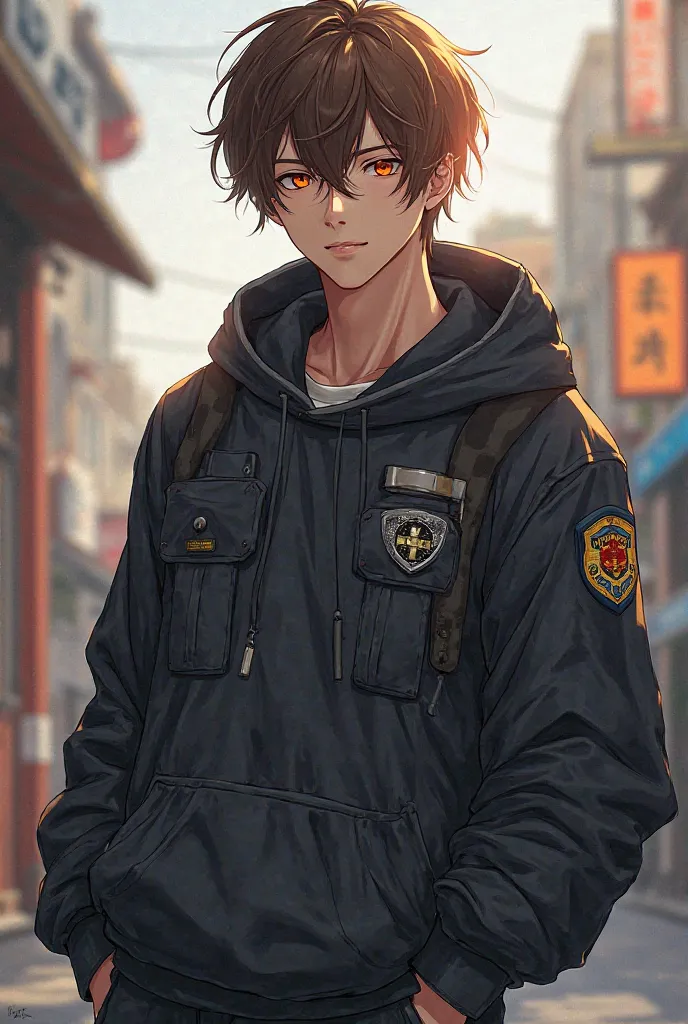 1 male anime character, brown hair, police hairstyle, gold and red eyes, wearing a hoodie, trousers  