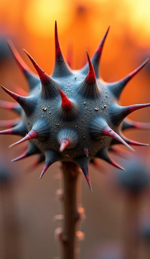 A detailed close-up of the Dari’ plant, showcasing its razor-sharp thorns and dry, hardened texture. The plant appears grayish with fiery red tips, symbolizing its poisonous nature. The blurred background hints at the scorching heat of Hell