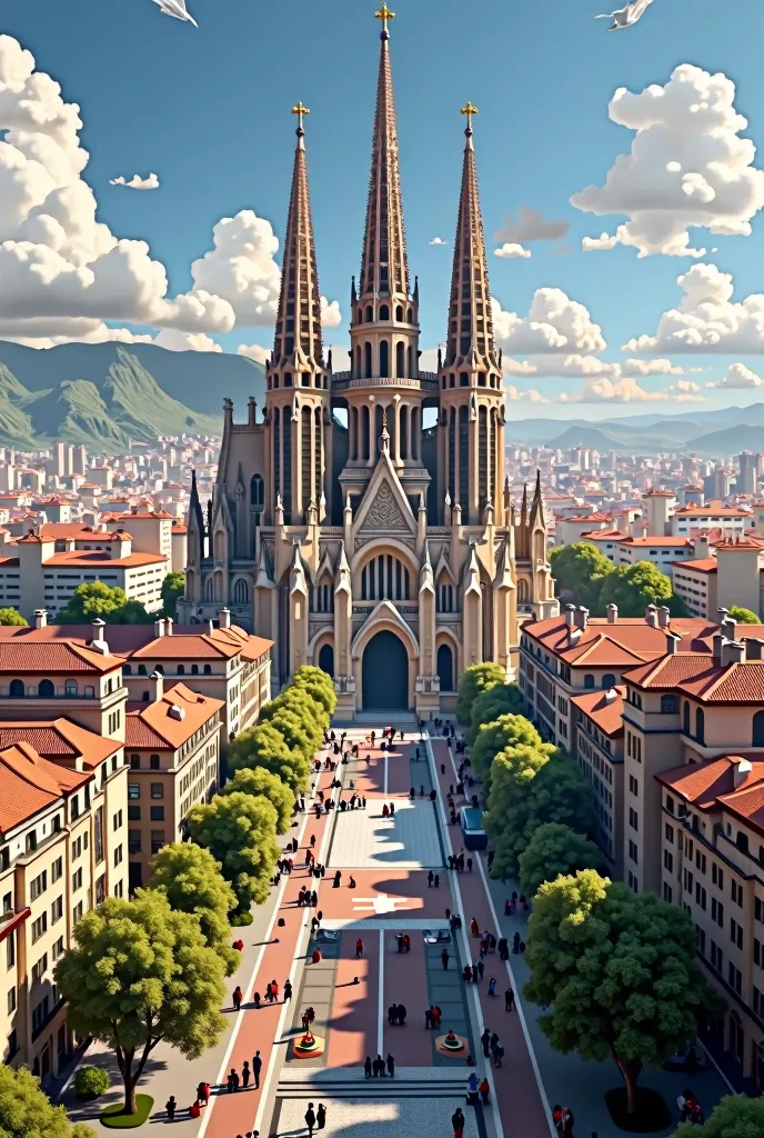 Overview of a cityscape with barcelona architecture. In the middle of the city there are 3 spires. It is a city with walls