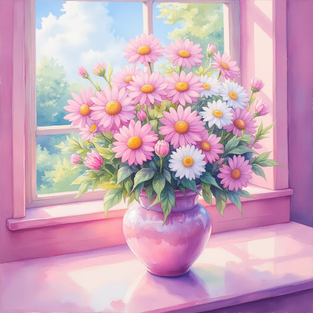 Pink and white flowers in pink vase on table near window, pink wall, impressionist oil painting, brush strokes, low angle, pink daisies, white chrysanthemums, window view, pink walls, pink table with flower pot