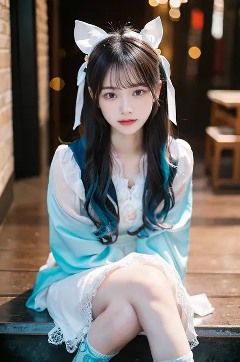 "A highly detailed and realistic portrait of a young girl with an ethereal, otherworldly presence. She has long, flowing pastel blue hair that shimmers softly in the light, with delicate bangs framing her porcelain-like face. Her eyes are a mesmerizing sha...