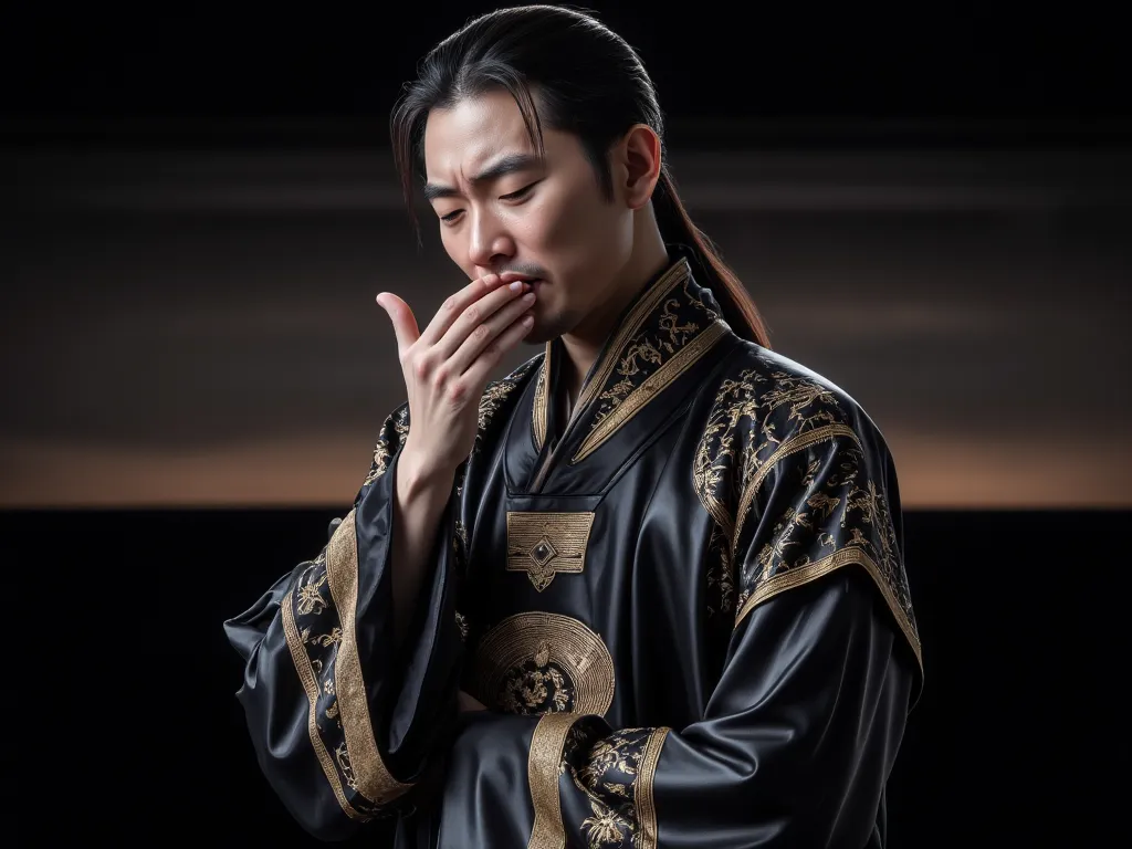 middle-aged man, left hand with mouth closed, Cough, sneeze, contemplative gesture, Blurred, Stand perplexed , 30 years old, front view, (Chinese Man), (Shiny black hermit blouse with chic embroidery), black background, middle-aged man, Wearing ancient Chi...