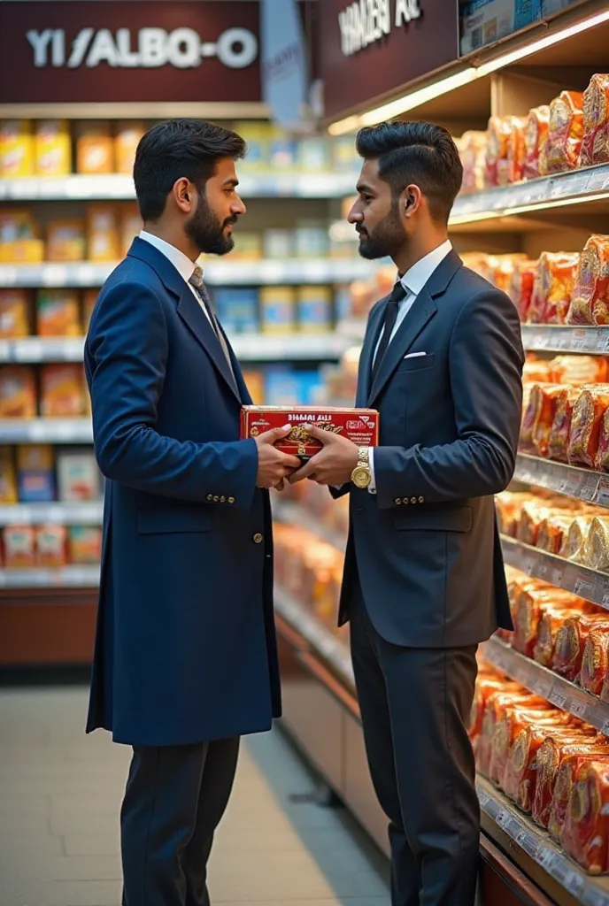 a 23 years old young handsome  smart pakistani salesman talking to shop keeper holding biscuit box  in the hand box name is "SHAHZAD ALI " in the super mart  showing biscuit boxes  in the shop cupboard ,wearing blue coat white shirt black pent rent tie bro...