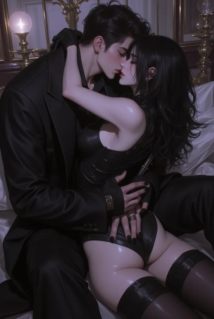 
"A passionate, semi-realistic manhwa-style illustration of an intense kiss between a powerful man and a femme fatale assassin. The man grips her waist tightly, as if afraid to let her go, while the woman holds a knife behind his back, symbolizing her conf...