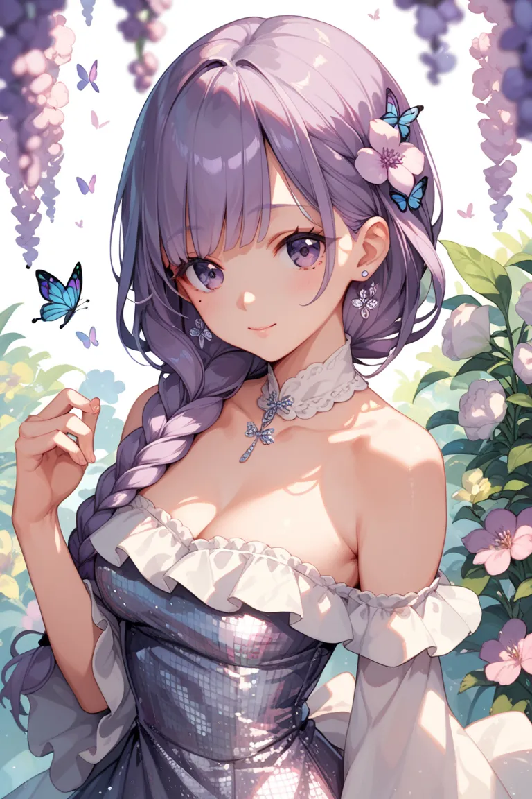  dark purple hair color　black off-the-shoulder sequin dress　butterfly silver earrings　 Braided Long Hair 　Kamigami　 wisteria flower　mole　Dark eyes　 pink cheek 　