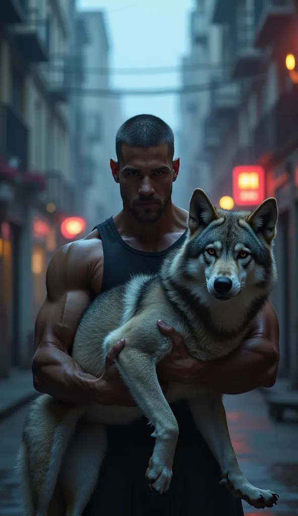 A muscular man holding a grey wolf, standing in the middle of a misty urban alleyway, piercing eyes, cool evening lighting, hyperrealistic textures, sharp focus on the subject, neon-lit cityscape blurred in the background, cinematic realism, high resolutio...