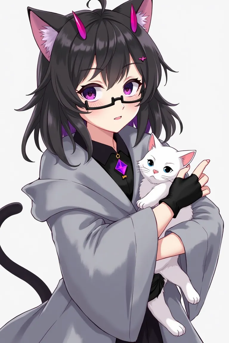 Woman with cat ears, tomboy hair, black hair, purple front hair, purple eyes inside black eyes, with little purple devil horns, wearing a gray robe, wearing a black inner shirt with a collar, wearing a purple necklace, wearing black fingerless long gloves,...