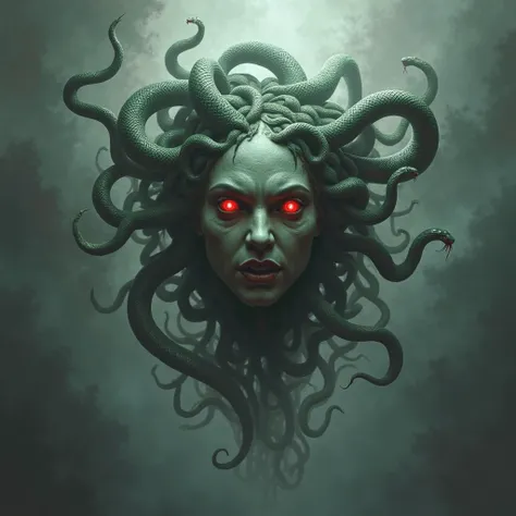 [Core Concept] A floating, disembodied Medusa head, its serpentine locks writhing and coiling menacingly.\n\n[Character Description] The Medusa head is rendered in striking detail, its gorgon features twisted in a malevolent expression. Glowing red eyes peer out from beneath a tangle of venomous snakes that sway and hiss, their forked tongues darting.\n\n[Environment/Background] The Medusa head hovers in a void, surrounded by an ominous, swirling mist that obscures the background, lending an air of mystery and foreboding.\n\n[Style and Atmosphere] The artwork has a dark, gothic fantasy aesthetic, with an emphasis on the supernatural and the macabre. The lighting casts dramatic shadows, heightening the sense of tension and danger.\n\n[Composition] The Medusa head is positioned centrally, filling a large portion of the frame and commanding the viewer's attention. The serpents extend outwards, creating a sense of movement and dynamism.\n\n[Details and Embellishments] The scales and textures of the Medusa's skin are rendered with meticulous detail, and the individual snakes are distinct and lifelike, each with its own unique patterns and characteristics.\n\n[Technical Specifications] The image is a high-resolution, photorealistic digital painting, executed with a masterful use of light, shadow, and color to create a truly captivating and unsettling work of art.