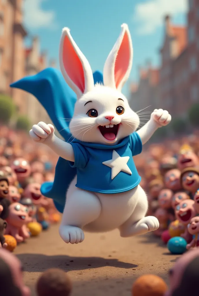 White rabbit jumping energetically, wearing blue flag with white star inthemiddle, and giving a speech to a large crowd of people who are laughing.

