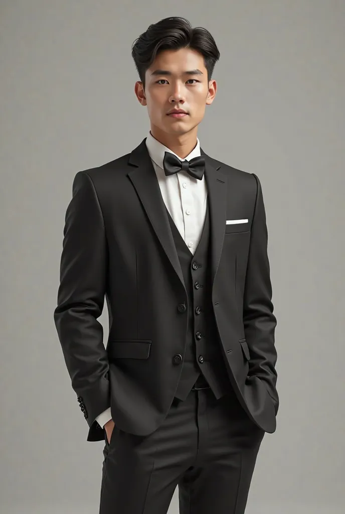 Young Male Thailand, Standing Pose, White shirt, Black Bow Tie, Black Vest, Black Suit, Black Trousers, Black Belt, Size XL.