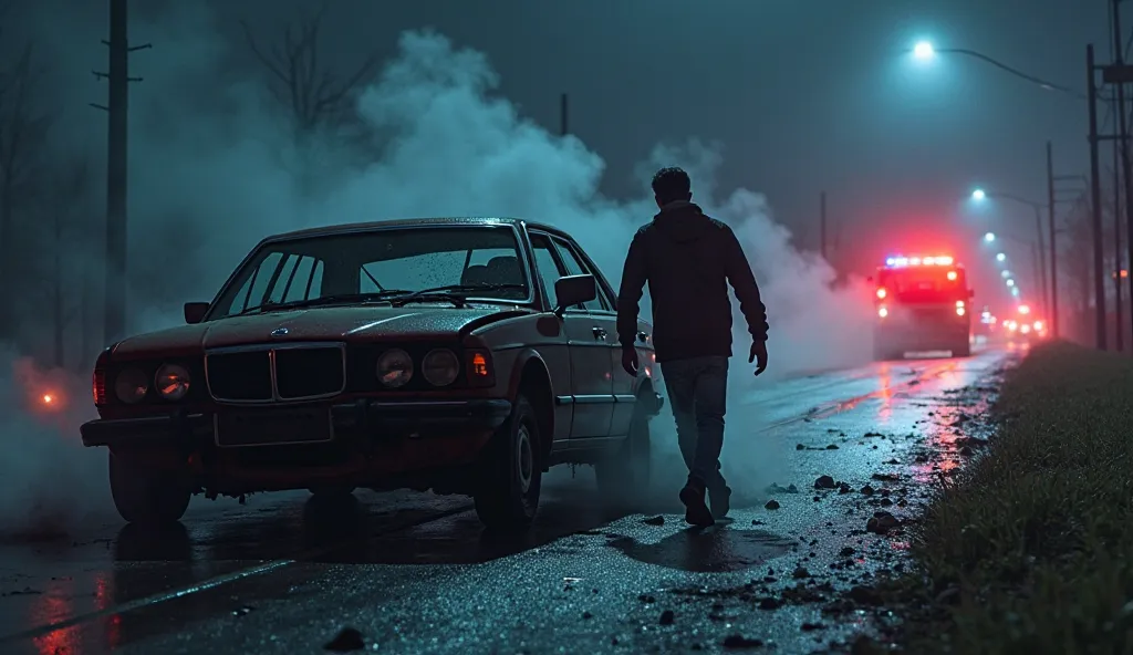 “Create a high-quality, cinematic digital painting depicting the tragic aftermath of a deadly car crash on a dark, empty road at night. The wreckage of Rehan’s car is mangled, smoke rising from the twisted metal, with shattered glass reflecting the faint g...