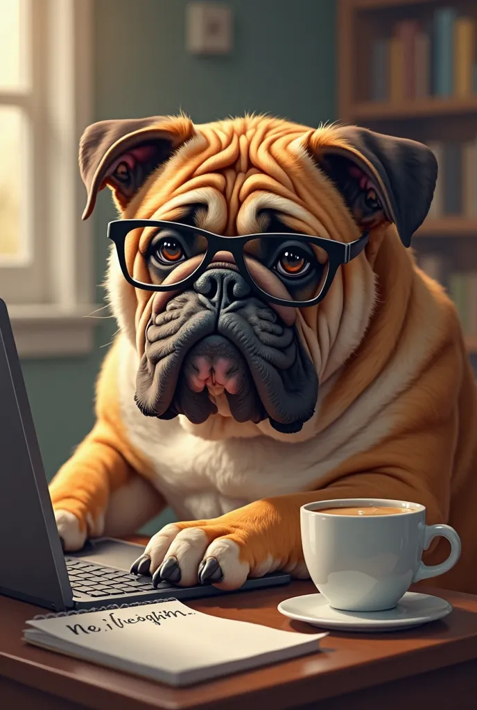 A beautifully detailed digital artwork of a stocky, wrinkly bulldog wearing tiny glasses, sitting at a desk, typing on a laptop. A cup of coffee and a notepad with scribbled notes are beside it. The dog looks deeply focused, with a slightly tired but deter...