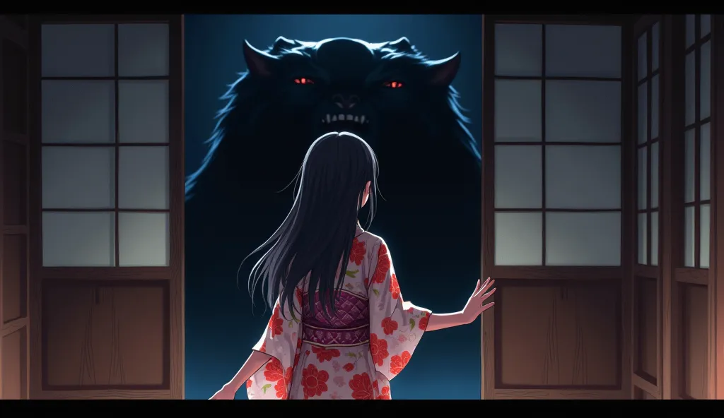 beautiful anime girl stands with her back and opens the door, and behind her hides the monster oni