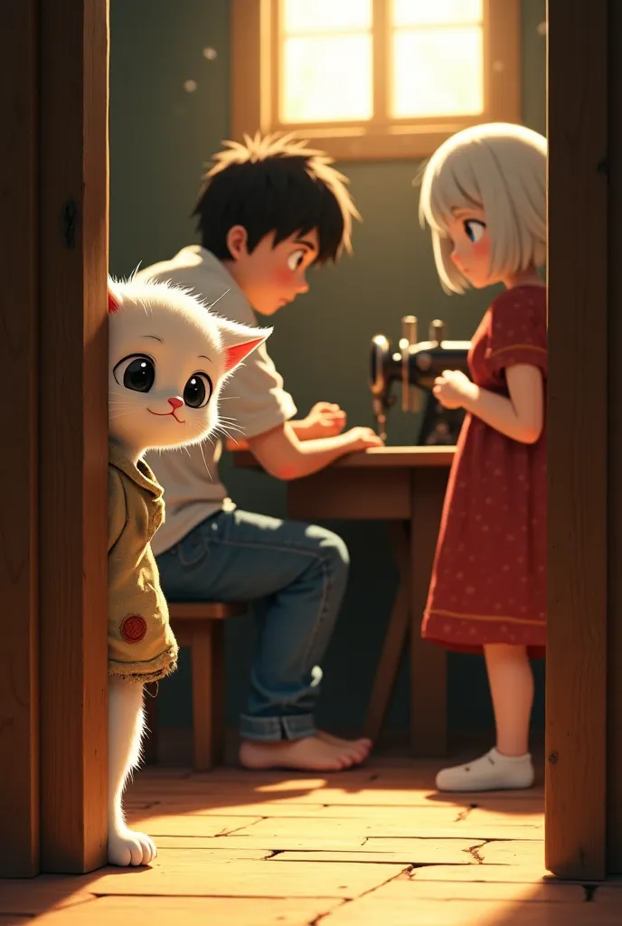 Cinematic anime scene, a small white anthropomorphic kitten with big, expressive eyes peeks through a slightly open wooden door, watching his parents with concern. His oversized, faded shirt has visible patches and frayed edges, the fabric worn thin. Insid...