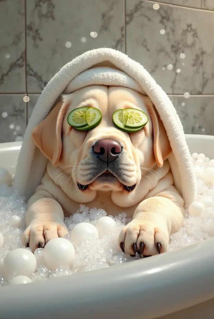 A highly detailed digital painting of a plump Labrador lounging in a bubble-filled bathtub. The dog wears a tiny towel on its head, with cucumber slices over its eyes, fully enjoying a spa day. The luxurious marble bathroom setting and soft steam in the ai...