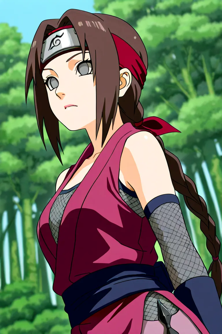 Image is an anime naruto style illustration featuring a beautiful lady ninja from Konoha, with fair skin and large, expressive gray eyes. She has long brown hair, styled with a red headband and a braid over one shoulder, and wears a traditional Konoha fore...