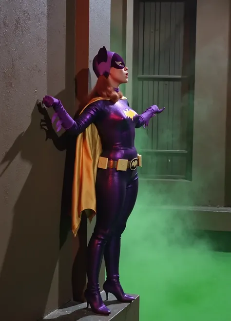 Masterpiece, Award Winning, High Quality, artgerm, solo, wearing retro Batgirl purple costume, full length purple catsuit, big breast, retro red hair, looking at viewer, makeup, yellow Batgirl cape, b4tg1rl woman, posing sexy, Yvonne Craig, sexy hungarian ...