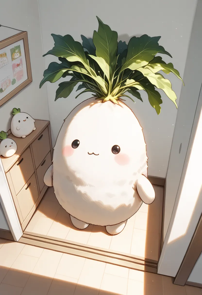 (masterpiece,best quality:1.2),no human,a little cute stuffed toy\(Daikon\Japanese white radish\),in room,from above,Fluffy texture、kawaii