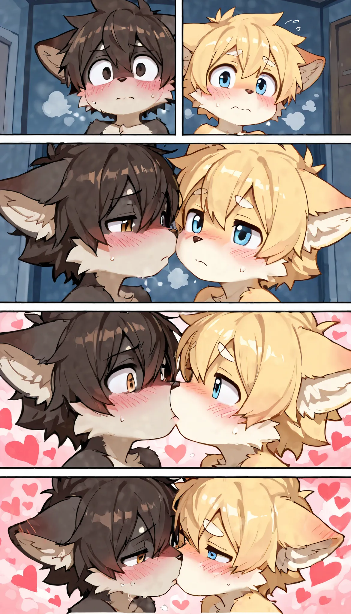 Super high resolution, detailed background, furry Shota boy(furry ears), Kemono furry shota boy, innocent kindergarten furry boy, close-up face, about to kiss, kiss waiting face, blushed, embarrassed, naked, heavy breath, moist thin eyes , Swollen cheeks ,...