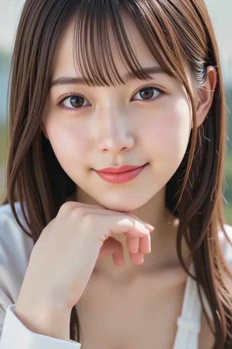 The face is positioned exactly in the center of the image , sitting on the floor hugging knee , 's entire head is fully reflected , The entire face and head are clearly visible, bungs, smile, Young and cute Japanese faces , Hi-Res CG Unity 8K Wallpaper, ve...