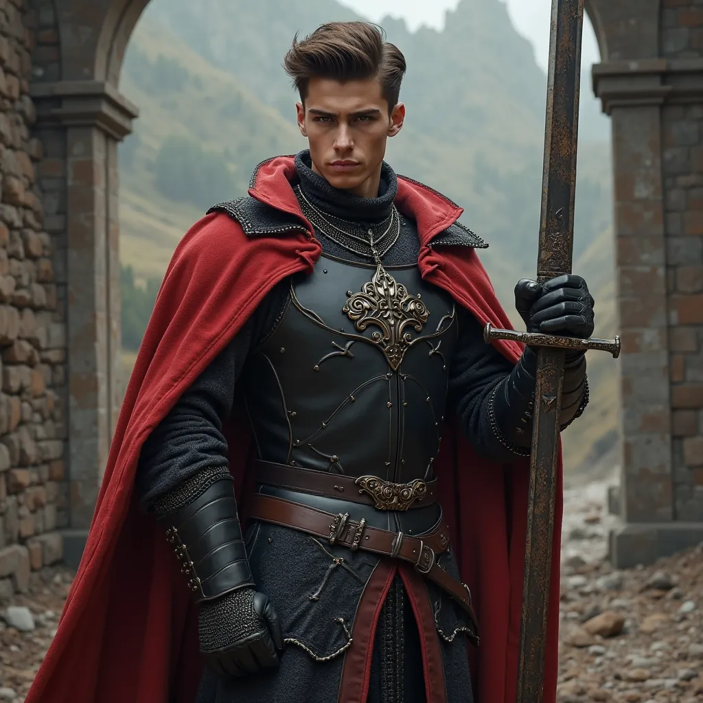 man with short brown hair in a pompadour hairstyle wearing black medieval clothes with a red coat that is holding a big sword with one hand