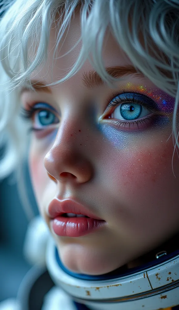 (Close-up of a better masterpiece :1.5)0.9], (Espace et astronautes :1.2) (Messy silver hair :1.1) (Xanthochromic heterochromia and blue eyes :1.2) (Casque spatial :1.0) (Étoiles colorées dans les yeux :1.0) (Un éclat rayonnant :1.1) ( Thick lips :0.9)