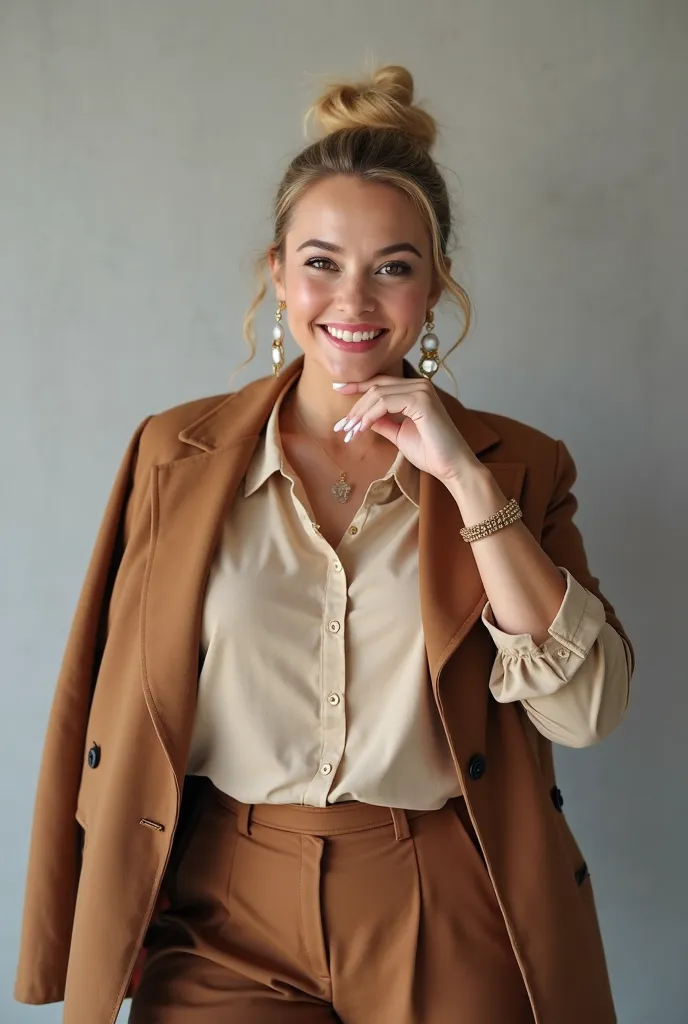 Generate a very realistic and natural photo of a 35-year-old Brazilian woman, Chubby full face, Hair fully tied with blonde bun, light makeup, Use accessories, is smiling showing her teeth, Half a chubby girl Wearing a beige shirt, brown pants, She is on t...