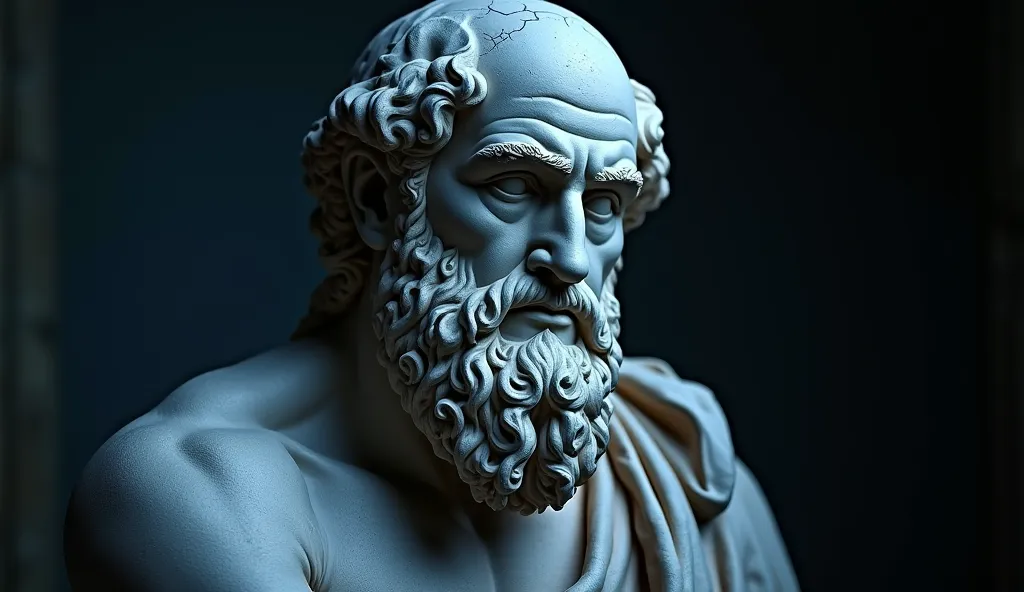 Create a striking image of a statue of a classical Greek philosopher with a serious expression, emphasizing strong features and intricate details . The sculpture must display realistic textures , like cracks and highlights , with a blueish tint. The backgr...