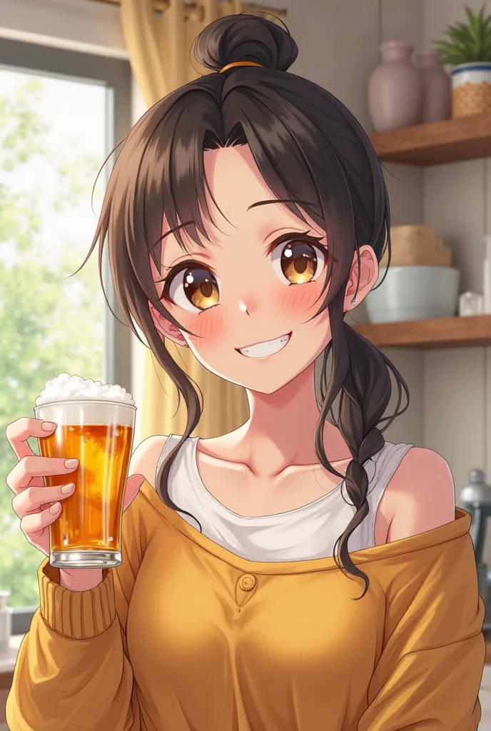 Young anime woman with beer in her hand for home beer promotion