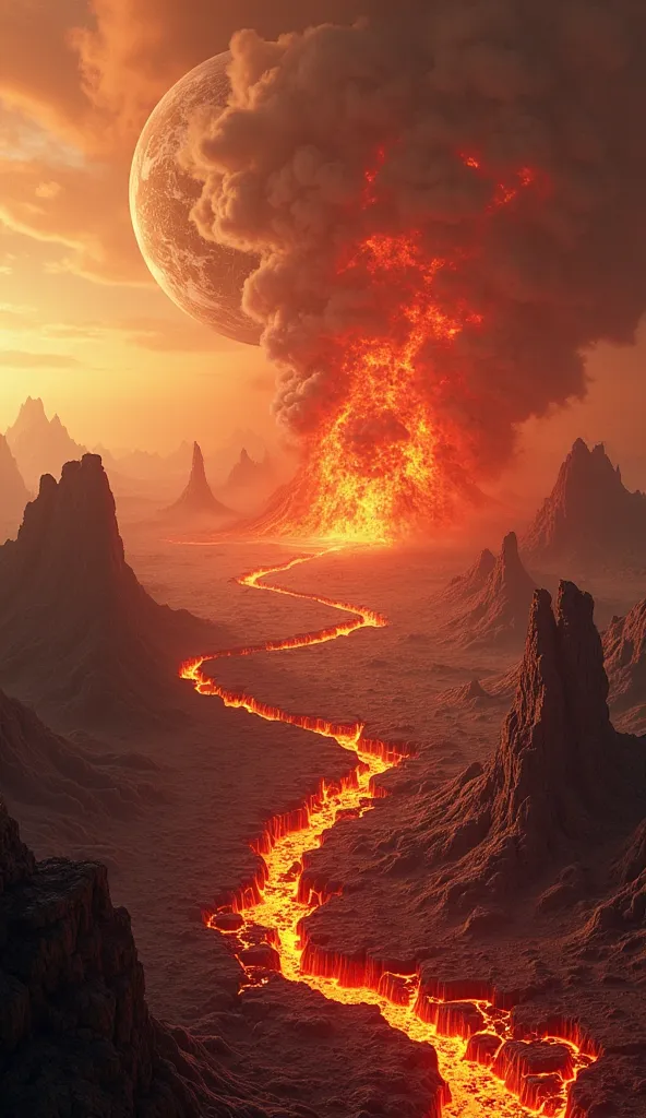 A young Earth covered in lava, with erupting volcanoes, thick clouds of smoke, and a fiery red sky."