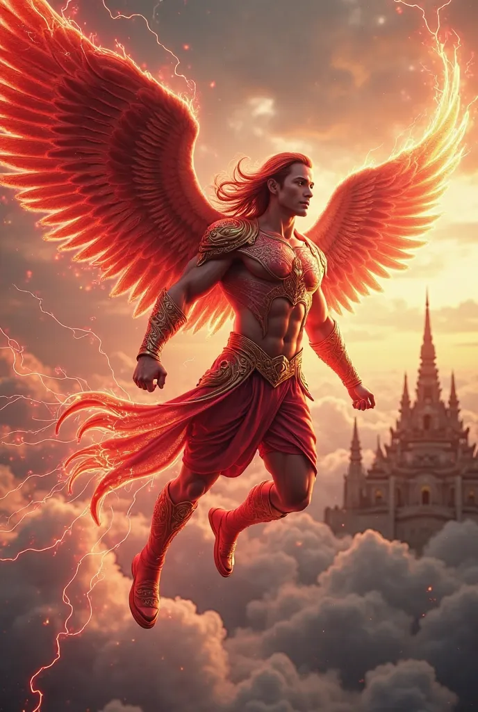  Wide Full Body Image, MCU style , Red Phoenix-man, has the face of a handsome Thai man,  Long hair with lightning , Flying above the clouds in the sky over the magical forest, muscle, big-muscle, featuring Thai warrior red Metallic-armor inspired by Thai ...