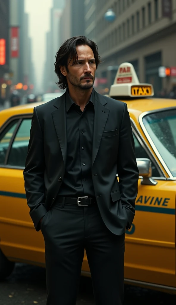 Keanu Reeves stands near a taxi