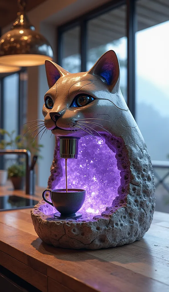 A futuristic coffee machine with a sleek, sculpted cat head as its top, featuring gemstone-like eyes and finely etched whiskers. The rest of the body transitions into a stunning geode-inspired form, with a rugged, rock-like outer shell resembling unpolishe...