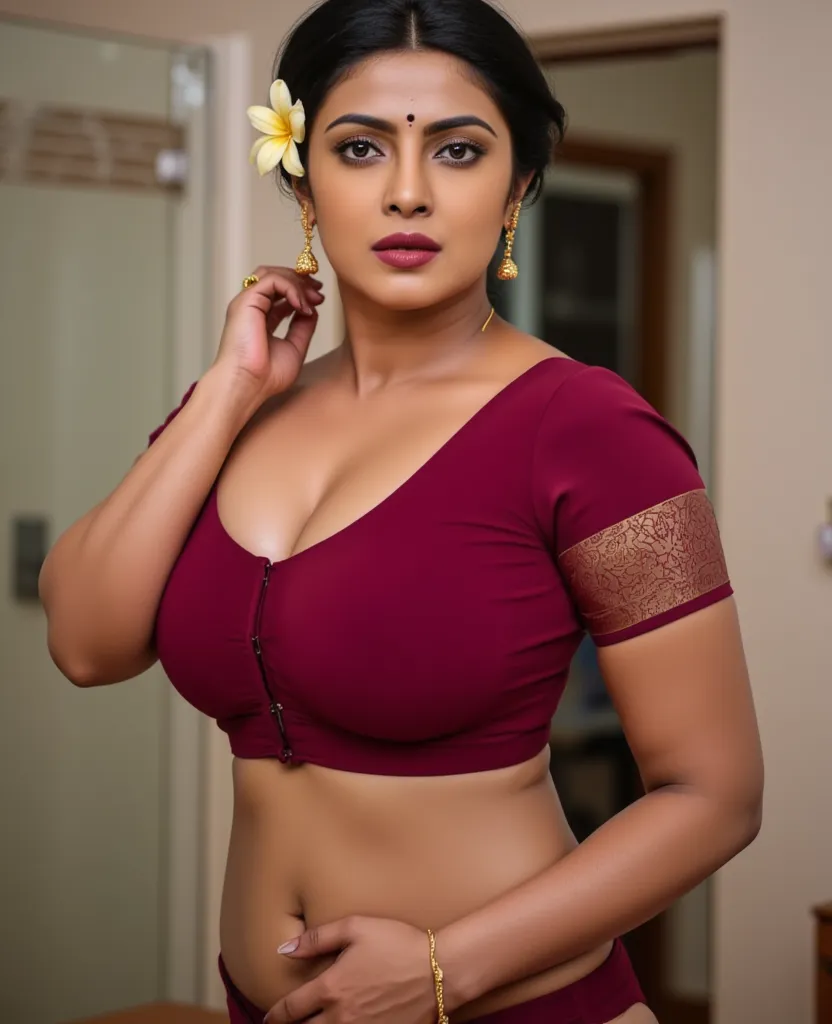 Whaeatush skin woman, wearing wine blouse, taking shower inside bathroom,sexy wet body,bindi in head, sweaty body, red glossy lips, wearing ear rings and small nosering, little bit thick, black hair tied round her back of head, silky cury waist, sexy navel...