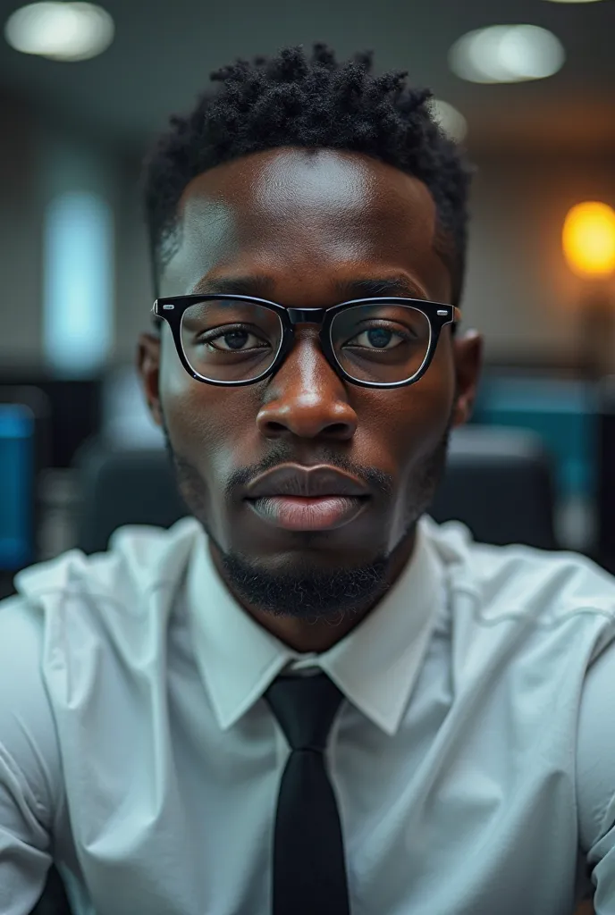 Image d'un ingénieur africain en programmation regardant la caméra, avec les ordinateurs en arrière plan 