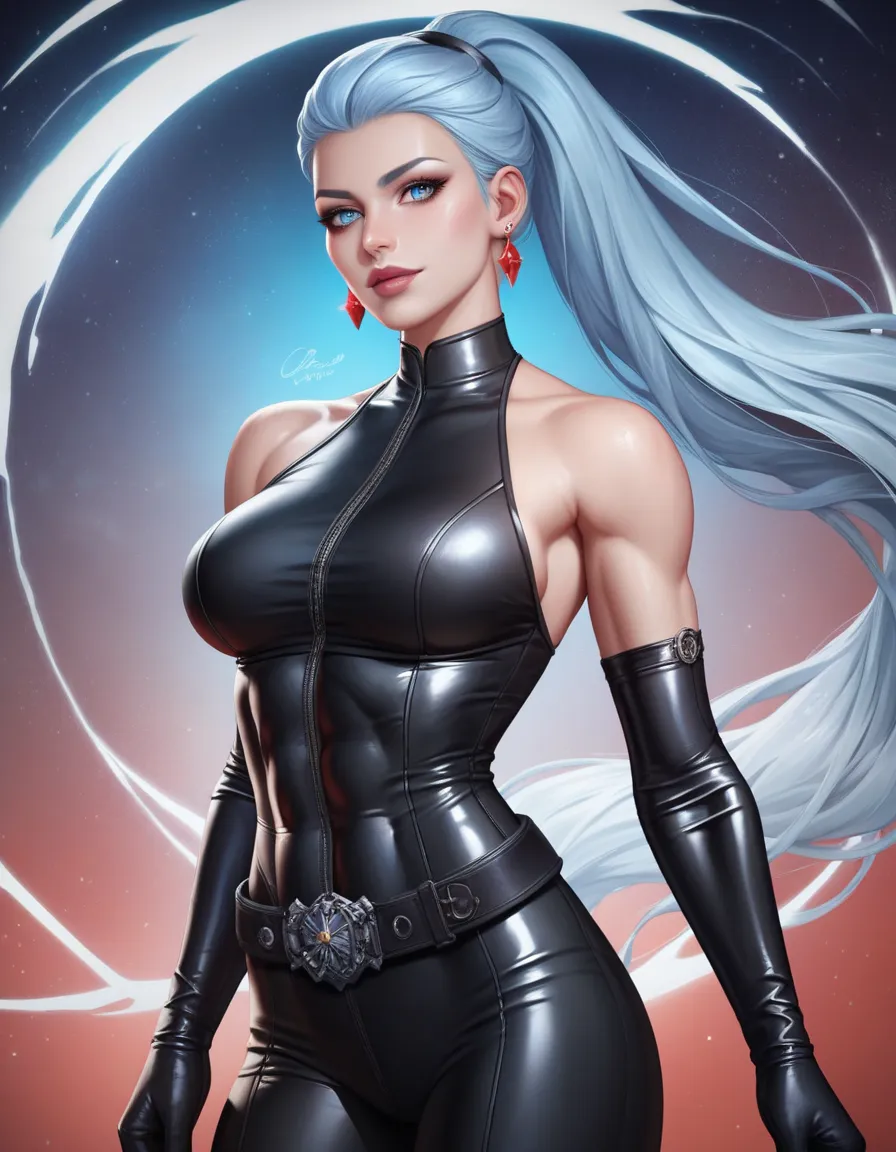 female black sleeveless latex bodysuit, black belt, black long tight pants, racerback, bare shoulders, long elbow gloves, black gloves, toned arms, beautiful faces, light blue ponytail with showing forehead, long ponytail, earrings, soft smooth skin, pale ...