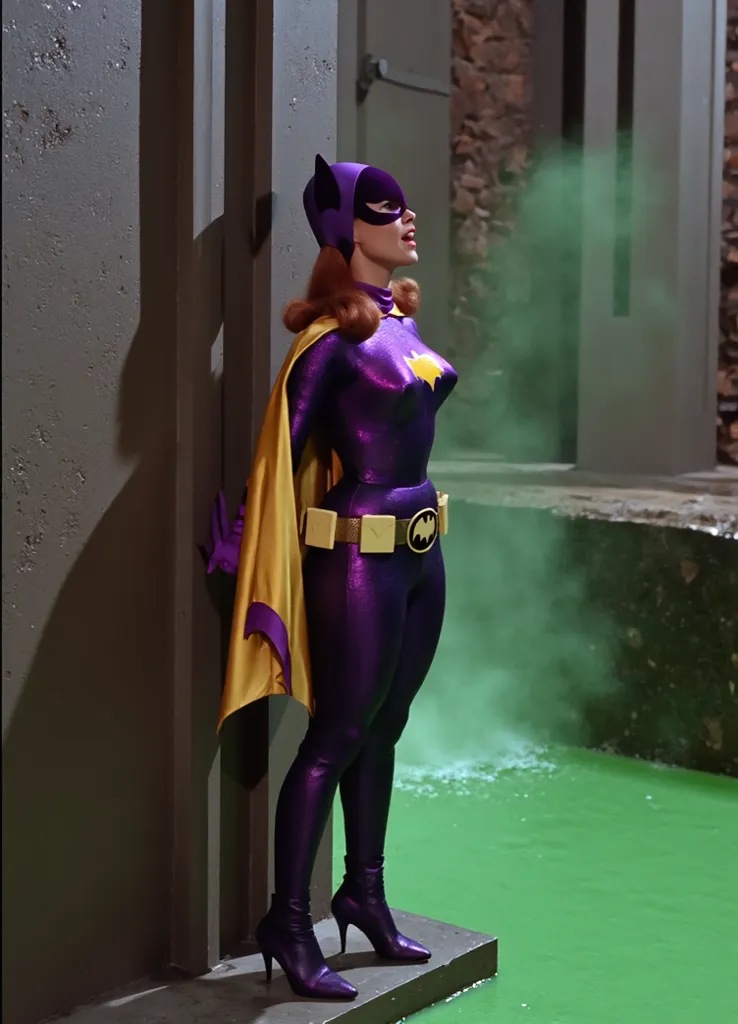 Masterpiece, Award Winning, High Quality, artgerm, solo, wearing retro Batgirl purple costume, full length purple catsuit, big breast, retro red hair, looking at viewer, makeup, yellow Batgirl cape, b4tg1rl woman, posing sexy, Yvonne Craig, sexy hungarian ...