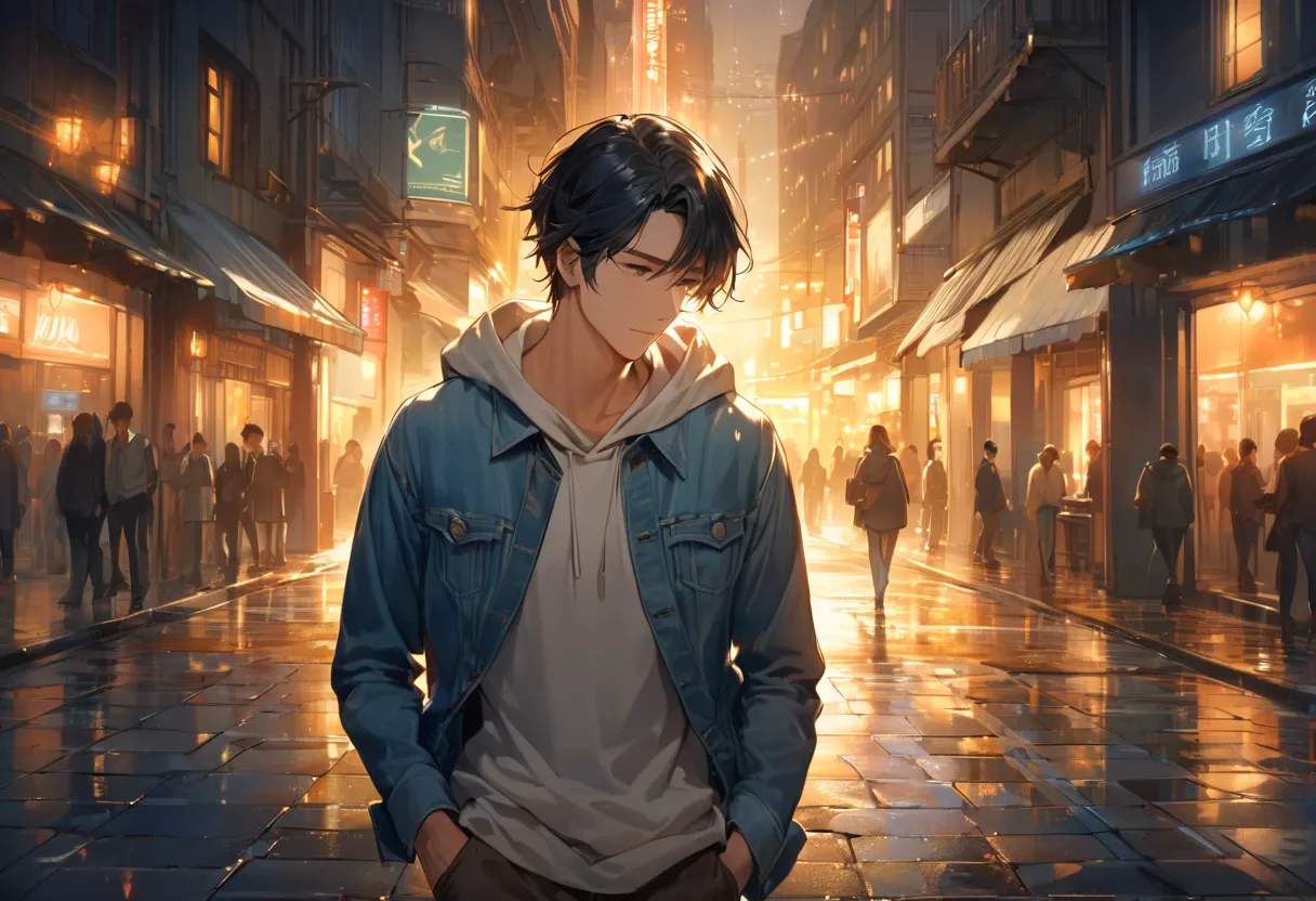 An anime-style illustration of a handsome young man in his early 20s, standing on a street corner at night, holding a coffee cup and looking directly at the viewer with a soft, slightly shy smile. He wears a stylish casual outfit – a light hoodie layered w...