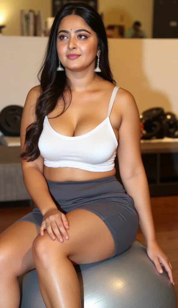 Perfect hands, Perfect legs,sexy indian curvy bhabhi with big massive cleavage and huge breasts, light brown skin, seated on exercise ball, fitness apparel.  Athletic pose, relaxed expression, White sports bra, fitted and supportive, dark gray/charcoal cyc...