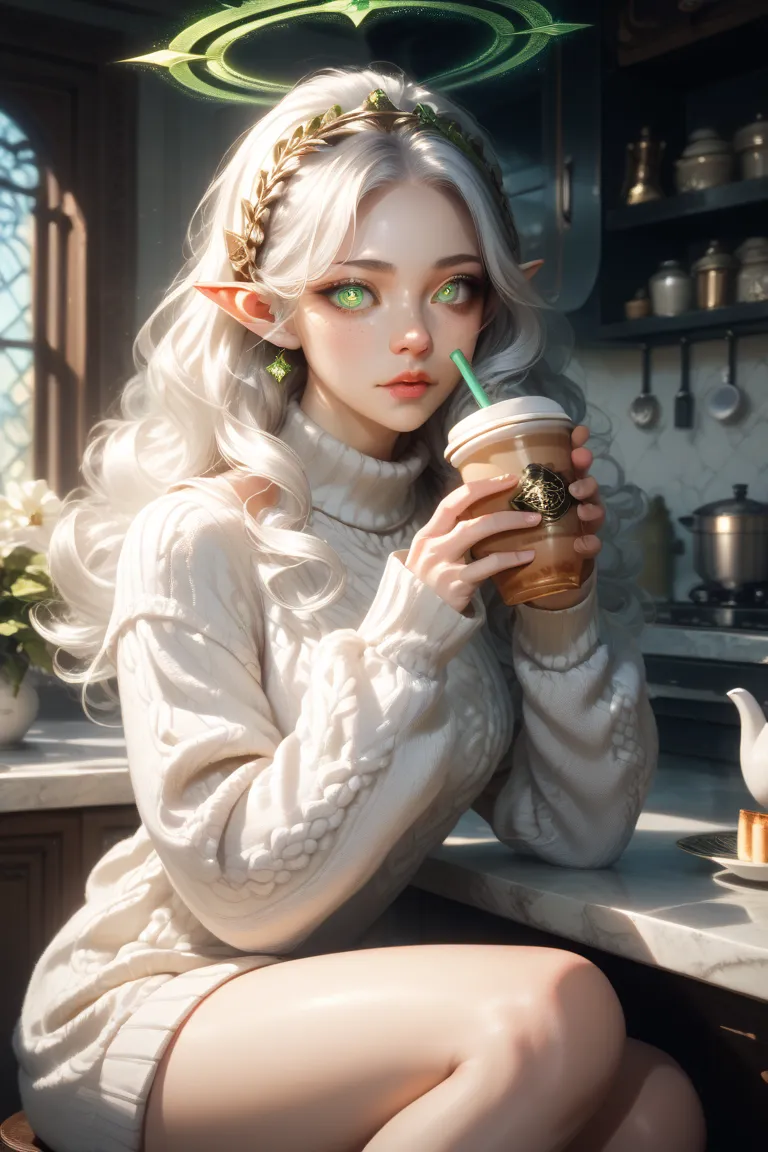 High quality, 4k definition, masterpiece, realistic, detailed eyes, beautiful, ((ultra detailed face, ultra detailed eyes)) clear eyes, long dark eye lashes, Long white hair curly, adult female, highly detailed green eyes, black pupils, green iris, glitter...