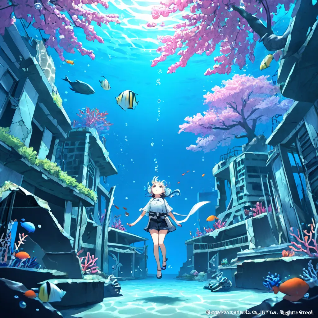 Underwater, looking up from underwater, underwater cherry tree, underwater ruins, tropical fish