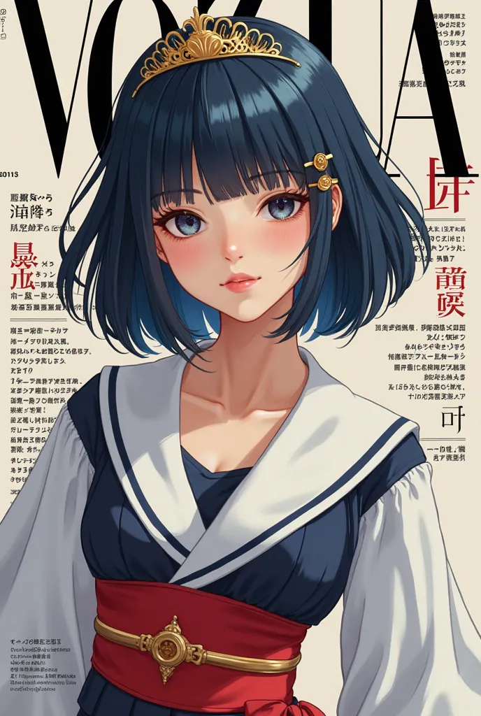 Create the cover of a fashion magazine with Ami Mizuno, a real woman, hyperrealistic Hyperrealism, as the protagonist of the cover and with background texts as if it were a real magazine.  outfit.  hyperrealism. live action magazine. big breasts.  short na...