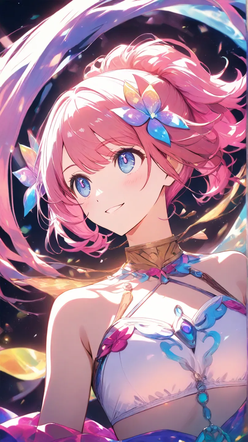 high quality　best image quality　Super Detail　high quality　4K 8K colorful dancer 　hide your chest with your arms　long brown hairstyle　  pink flower hair ornament  　 Medium Chest　white bikini　smile　looking up from the front　Fantastic Atmosphere