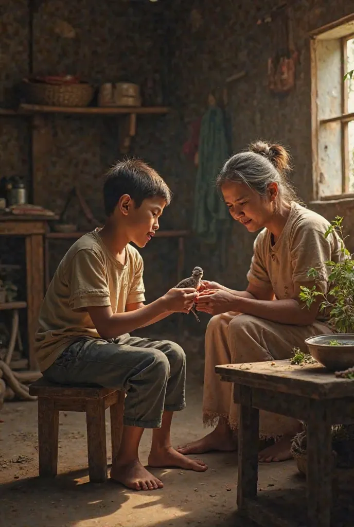 Inside a simple village home, the boy sits on a wooden stool while his mother helps treat the small bird’s injured wing. A bowl of water and herbs is placed on the table. The boy looks focused and caring, while the bird rests in his hands, slowly gaining s...