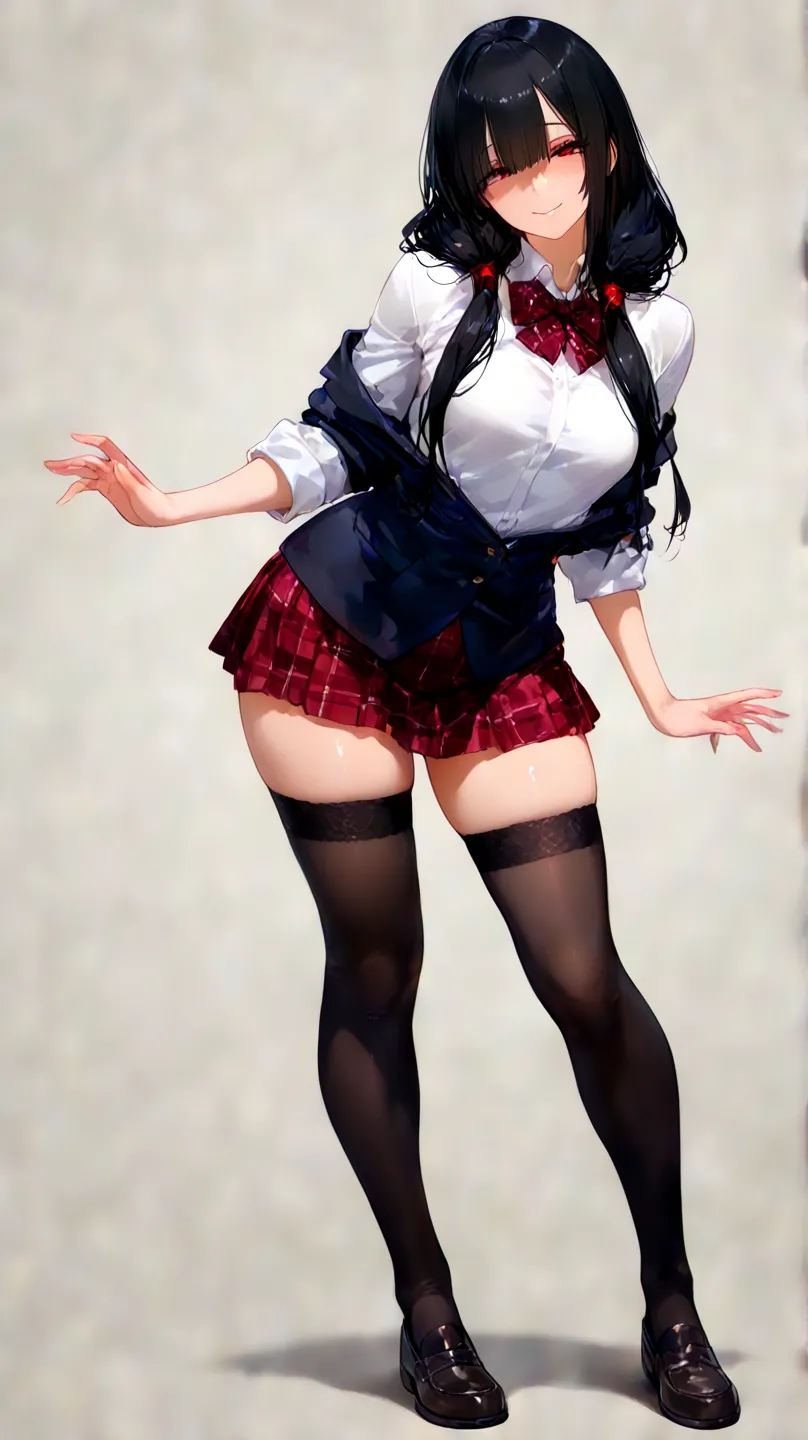 (((masterpiece))), (((dynamic))), (((very detailed))), (white black:1.3), (simple background:1.3), no background,, full body,  school uniform, Black School Blazer, bow tie, white shirt,  red plaid skirt , short skirt, black stockings,  school loafers , sex...