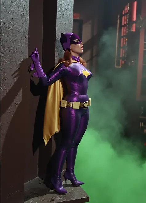 Masterpiece, Award Winning, High Quality, artgerm, solo, wearing retro Batgirl purple costume, full length purple catsuit, big breast, retro red hair, looking at viewer, makeup, yellow Batgirl cape, b4tg1rl woman, posing sexy, Yvonne Craig, sexy hungarian ...