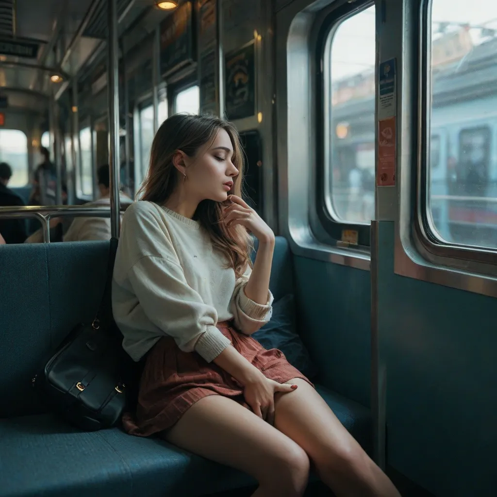 girl, sitting on a train, fingering herself