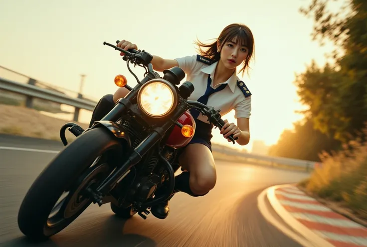 Sexy beautiful Japanese woman, a self defense officer uniform, wearing a white short-sleeved shirts, navy blue tie, navy blue pencil skirt, black short boots, beautiful hip-line, Beautiful thighs, arafed woman riding a high-performance motorcycle with a la...