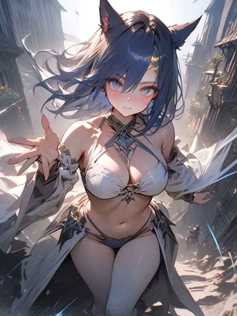 Best quality, extreme details, hdr, masterpiece, perfect eyes, 1female, absurdes, clean lines, ombré colors, extreme bold outlines, perfect hands, guweiz 

very detailed full body of a female miqo’te, keepers of the moon, extreme long dark blue hair, strai...