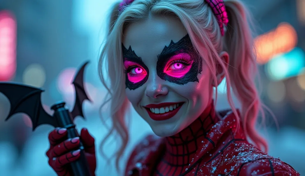 Harley Queen dressed as a spiderman, with a bat in hand, magical beauty, neon, face tattoo , Heterochromia of the eyes, high quality, 4K, neonовые частицы,  snow , cyberpunk 2077, neonовые частицы  snow а